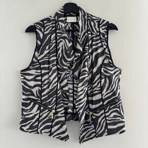 Chicos Foiled Zebra Pattern Vest Black Cream Motto Zip Pockets Metallic Shimmer